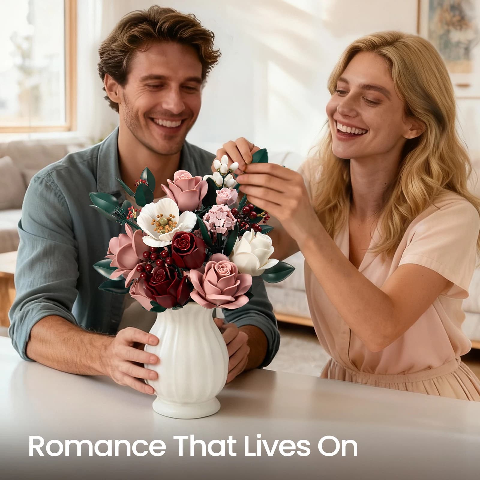 Pink Roses Bouquet Building Set Artificial Flowers Plants Home Office Room Decor Valentines Day Christmas Gifts for Adults Women - image 5