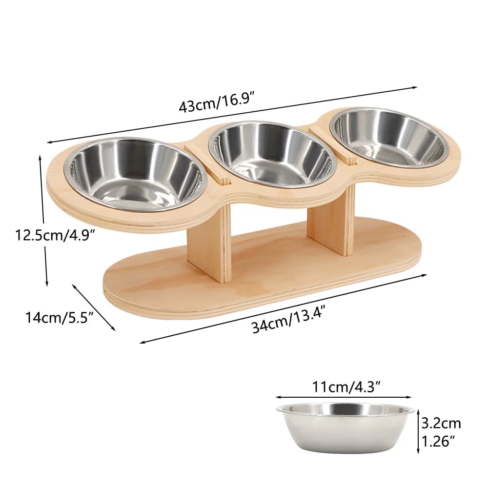 Raised Cat Feeder 3 Bowls in 1 Feeding & Watering Supplies 15° Raised Puppy 3 Stainless Steel Bowls Wood Stand Cats Accessories - image 2