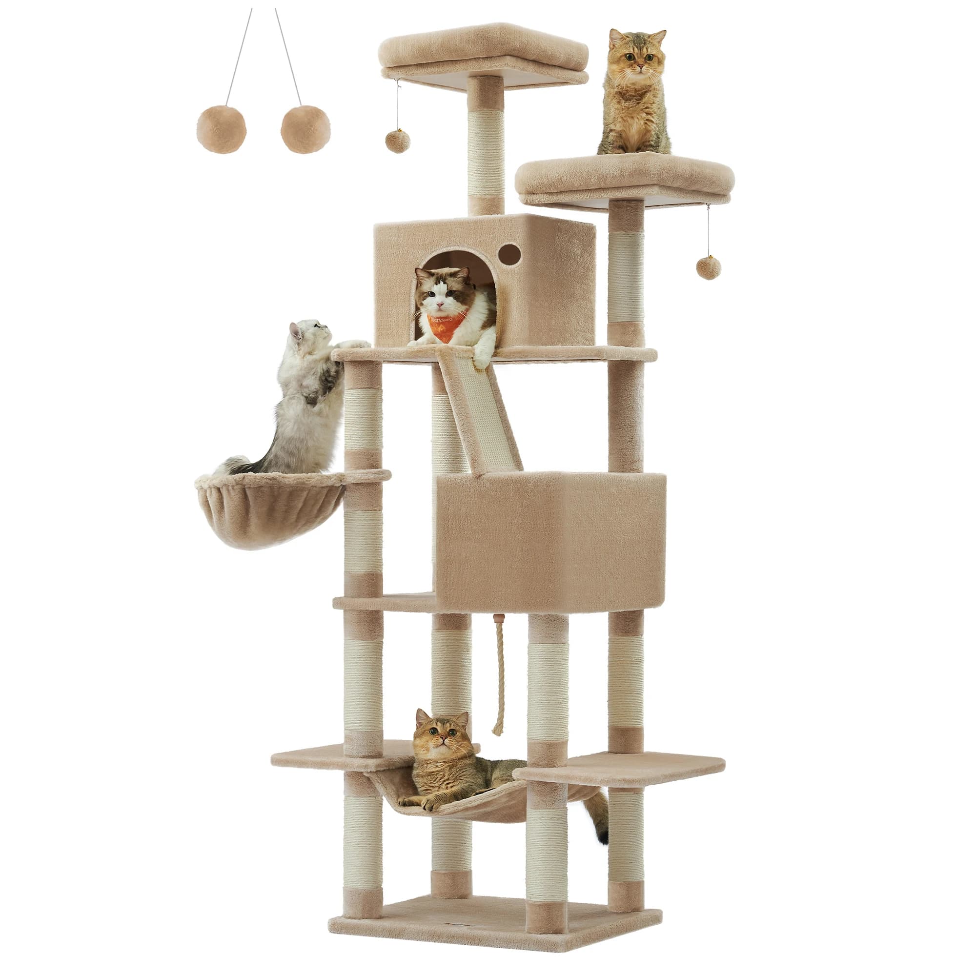Feandrea scratching post Large, 206 cm High, XXL Cat Tree, with 13 Scratching Pillars, 2 Platforms, 2 Caves Basket hammock Plush balls - image 11