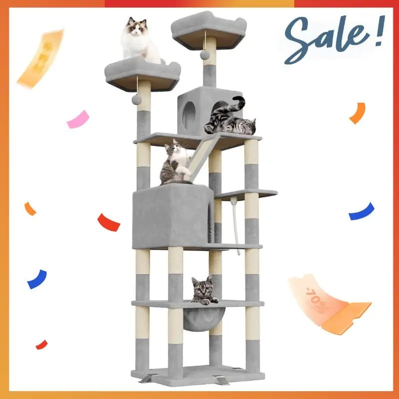 Oak & Tea XXL Cat Tree 208cm scratching post with House hammock & Scratching Board Topping Safe for Large Cats - image 1