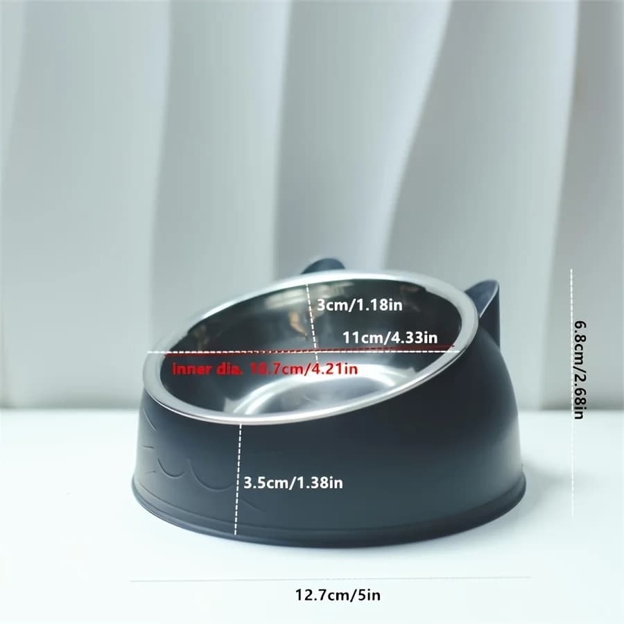 1pc Elevated Stainless Steel Cat Bowl, Inclined Food & Water Dish with Cute Ear Stand, Neck Protection Design for Cats - image 2