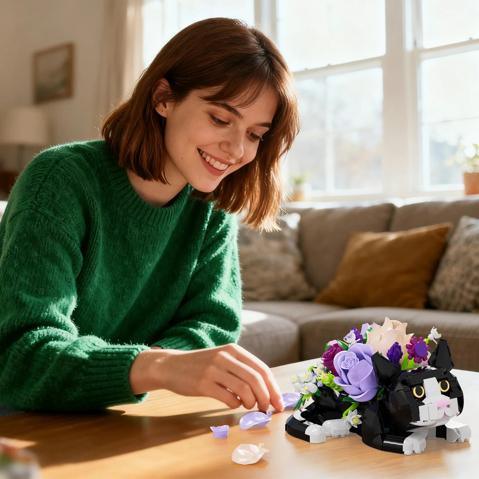 Cat Flower Bouquet Building Blocks Set Animal Model Desktop Decoration Toys Gifts for Boys and Girls(824PCS) - image 4