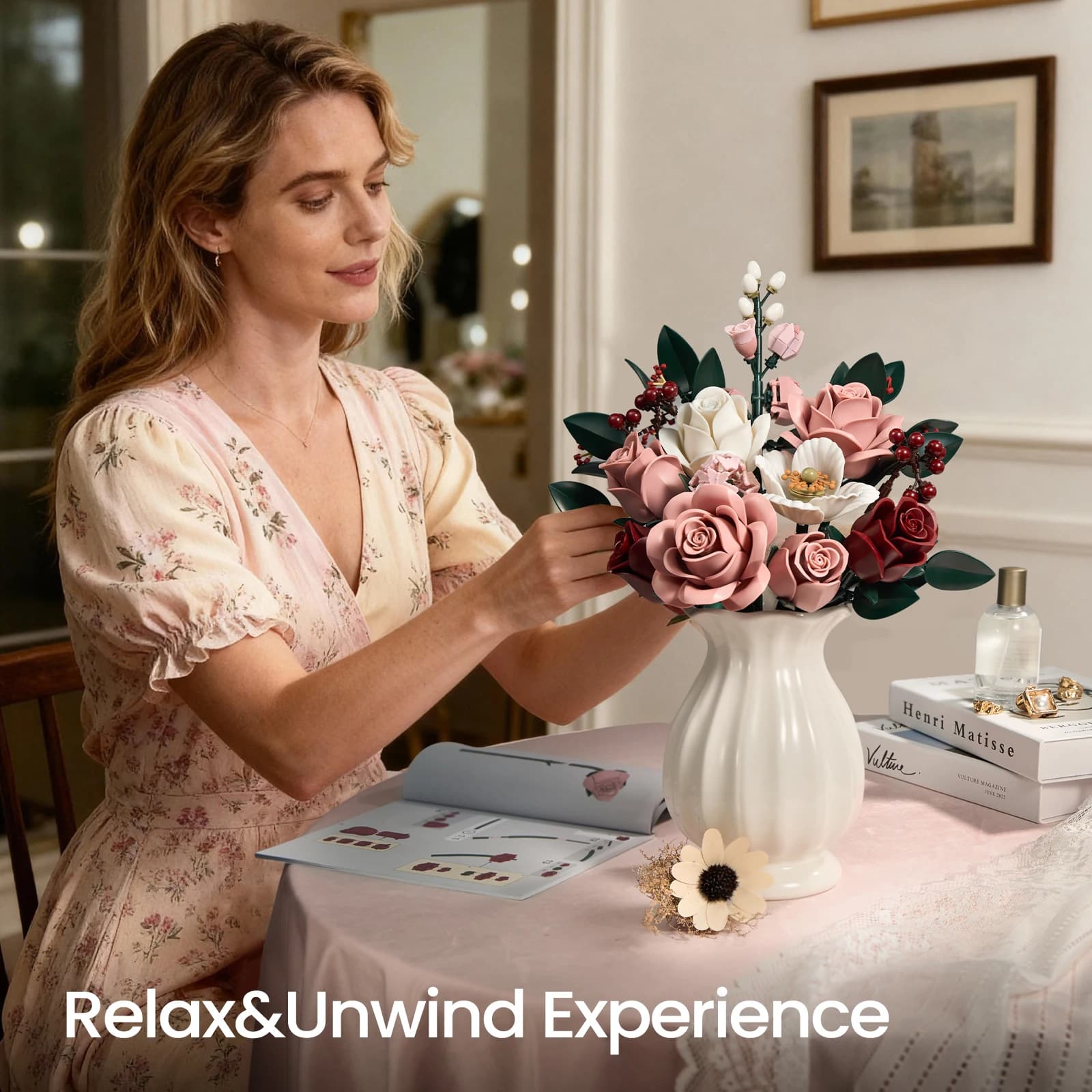 Pink Roses Bouquet Building Set Artificial Flowers Plants Home Office Room Decor Valentines Day Christmas Gifts for Adults Women - image 4