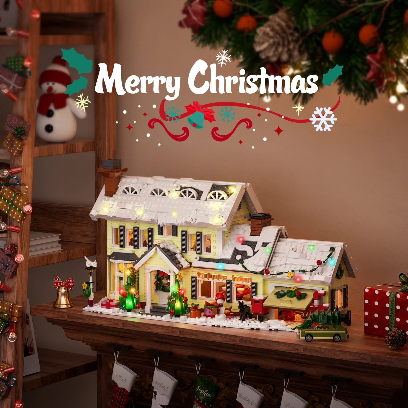 Christmas Holiday House Building Set Christmas Holiday Snow Village Blocks Toys with Clark's Car,Gifts for Boys, Girls(1484pcs) - image 2