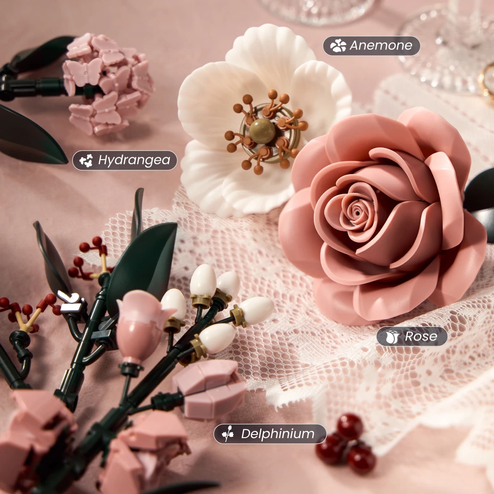 Pink Roses Bouquet Building Set Artificial Flowers Plants Home Office Room Decor Valentines Day Christmas Gifts for Adults Women - image 2