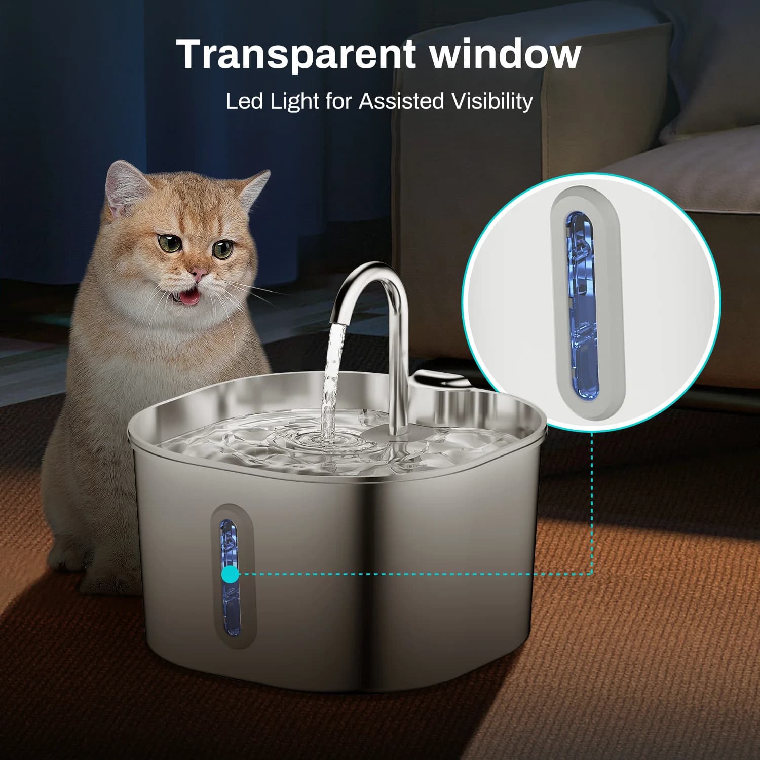 ZYFeeder 2.2L Automatic Cat Water Fountain Square Stainless Steel Pet Water Feeder Dog Water Fountain with window(No 5V 1A Plug) - image 5