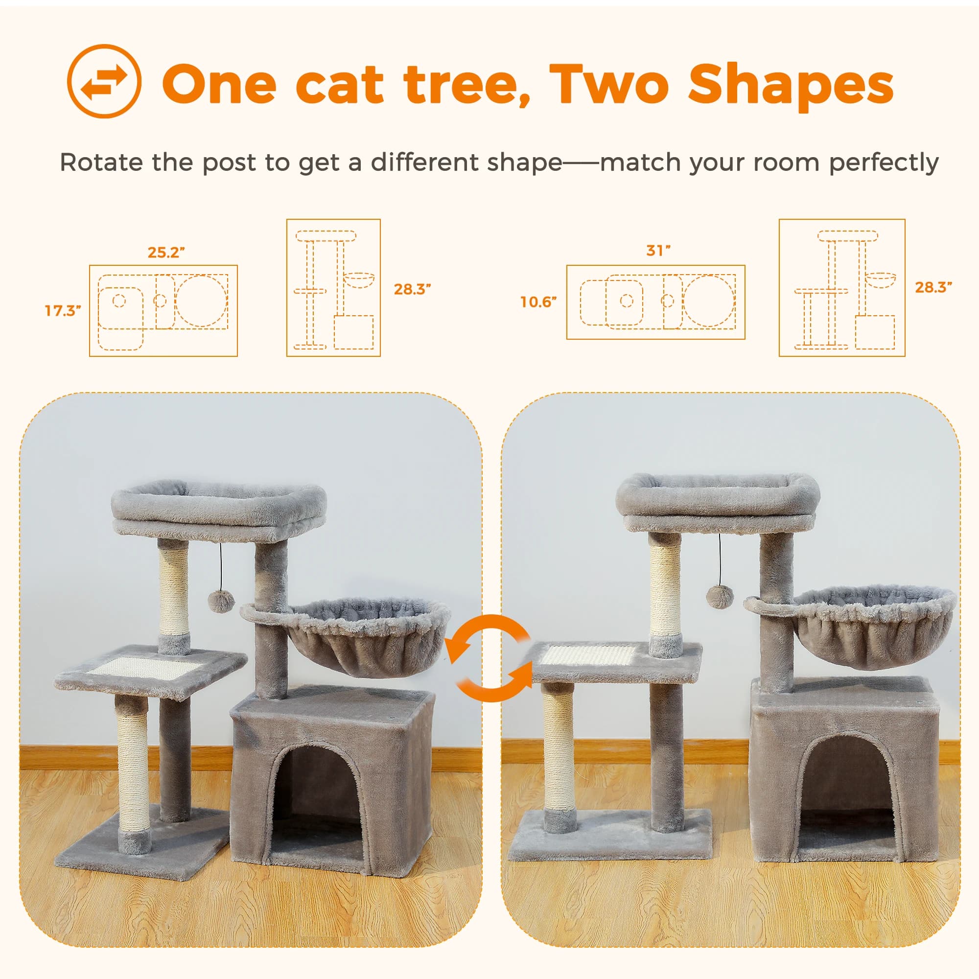Cat tree Cat Tower for Indoor Cats 2 Styles Cat Activity Tree with Cat Scratching Posts Big Hammock and Removable Top Perch Grey - image 3