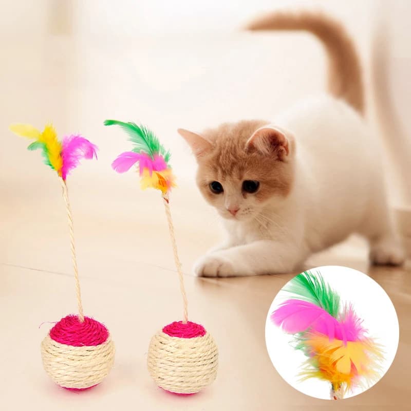 1PC Pet Cat Toy Colorful Feather Blanket Ball Grinding Claw Interactive Play Ball Cat Toy Sisal Shuttlecock Ball - image 2