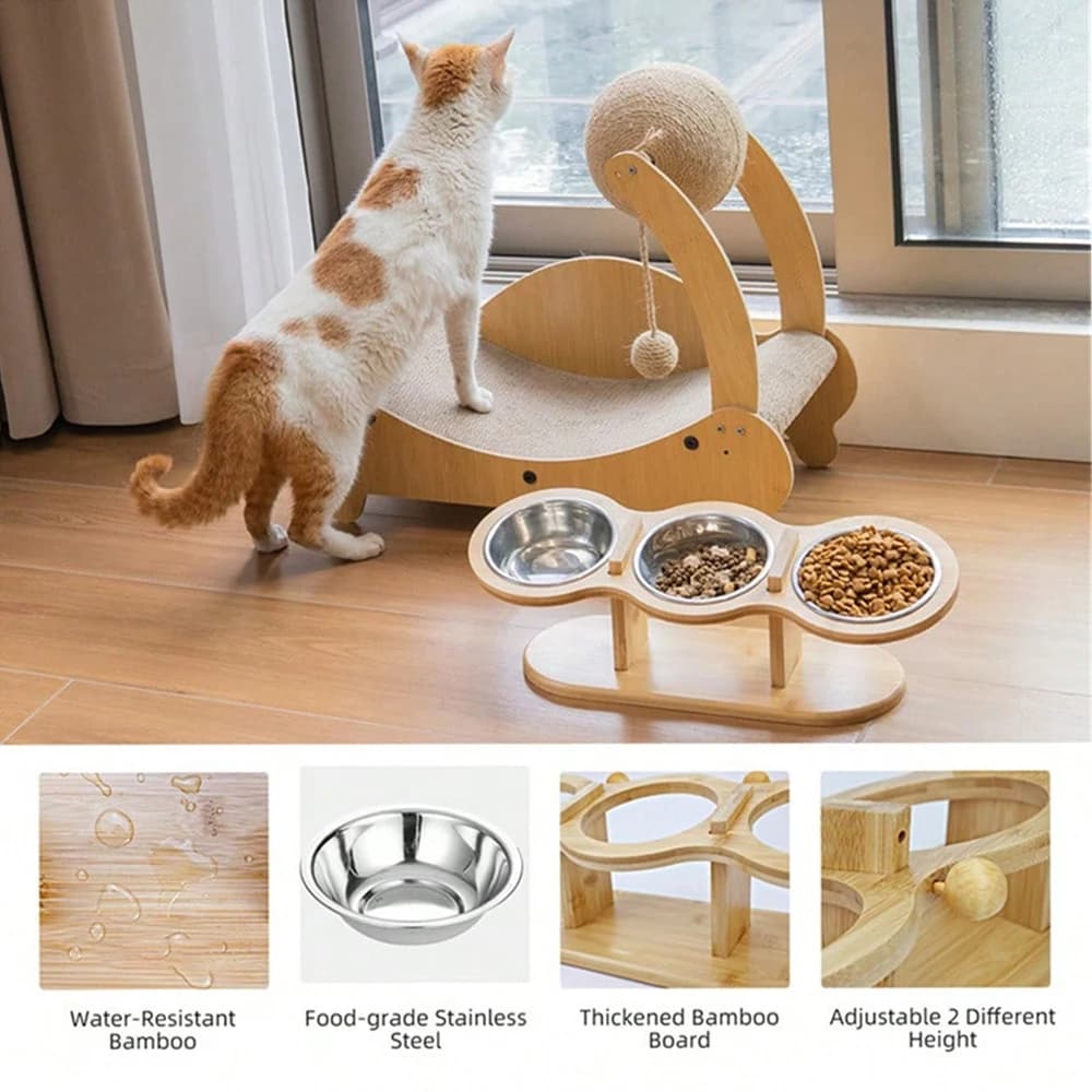 Raised Cat Feeder 3 Bowls in 1 Feeding & Watering Supplies 15° Raised Puppy 3 Stainless Steel Bowls Wood Stand Cats Accessories - image 5