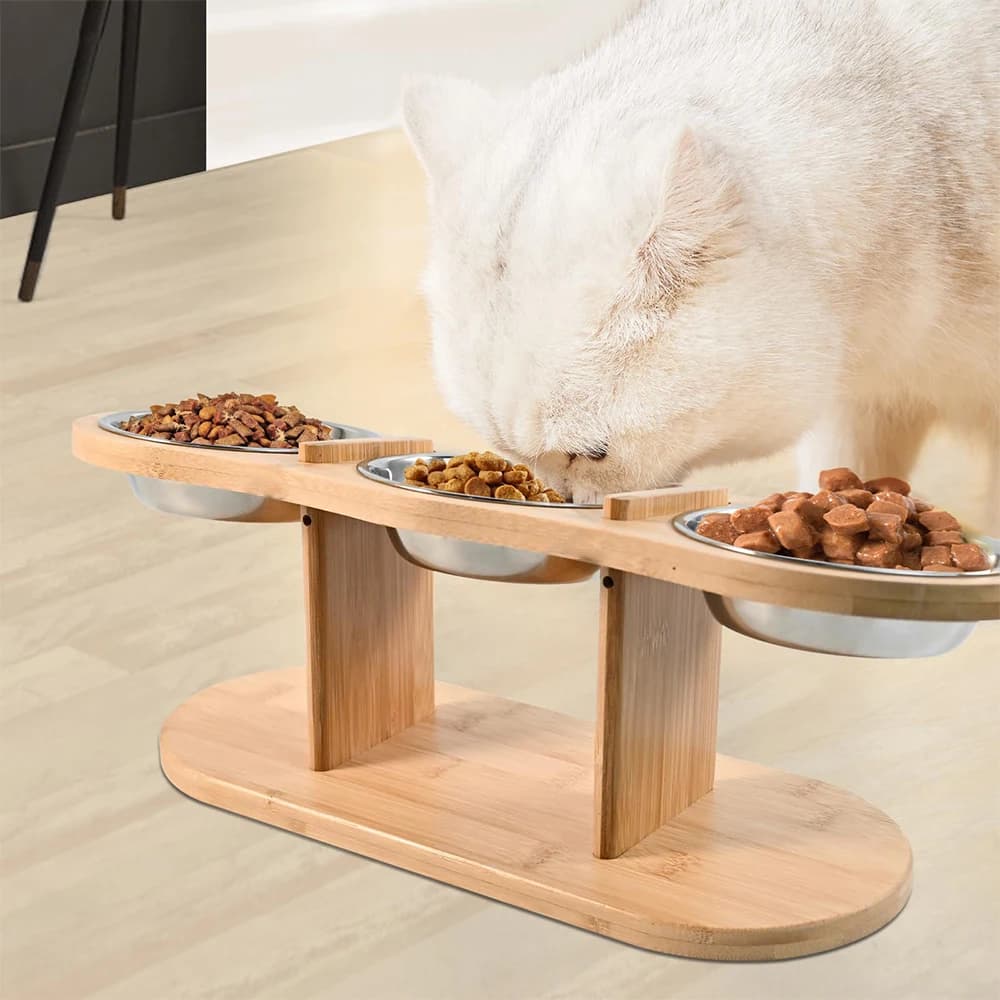 Raised Cat Feeder 3 Bowls in 1 Feeding & Watering Supplies 15° Raised Puppy 3 Stainless Steel Bowls Wood Stand Cats Accessories - image 1