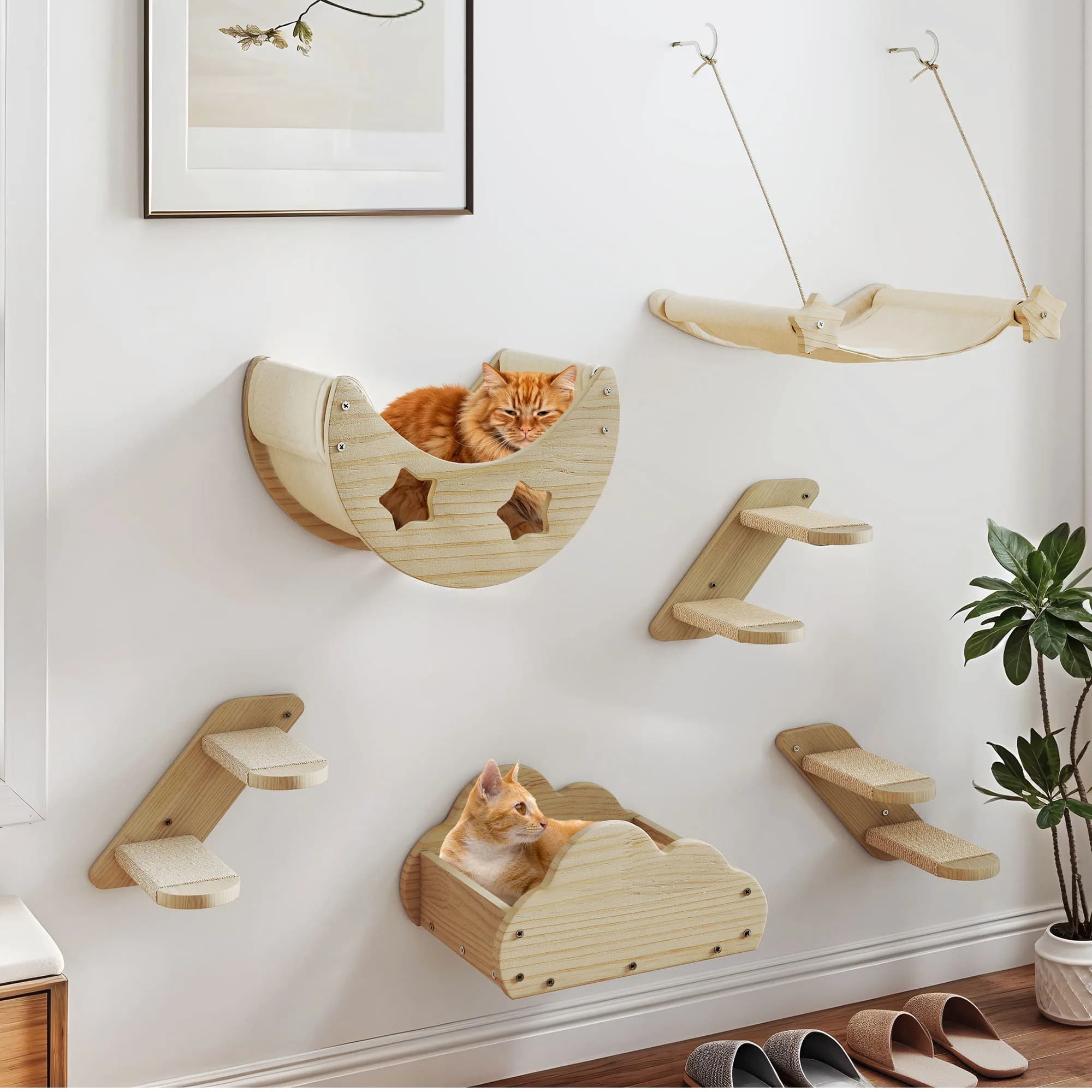 YITAHOME 6-Piece Solid Wood Cat Climbing Wall - 3 Stairs, 2 Beds & Flannel Hammock for Play/Sleep/Lounge - image 2