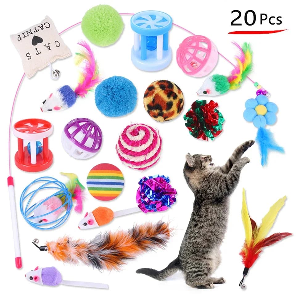 Kitten Toys Variety Cat Toy Combination Set Cat Toy Funny Cat Stick Sisal Mouse Bell Ball Cat Supplies 20 Pcs Set - image 1