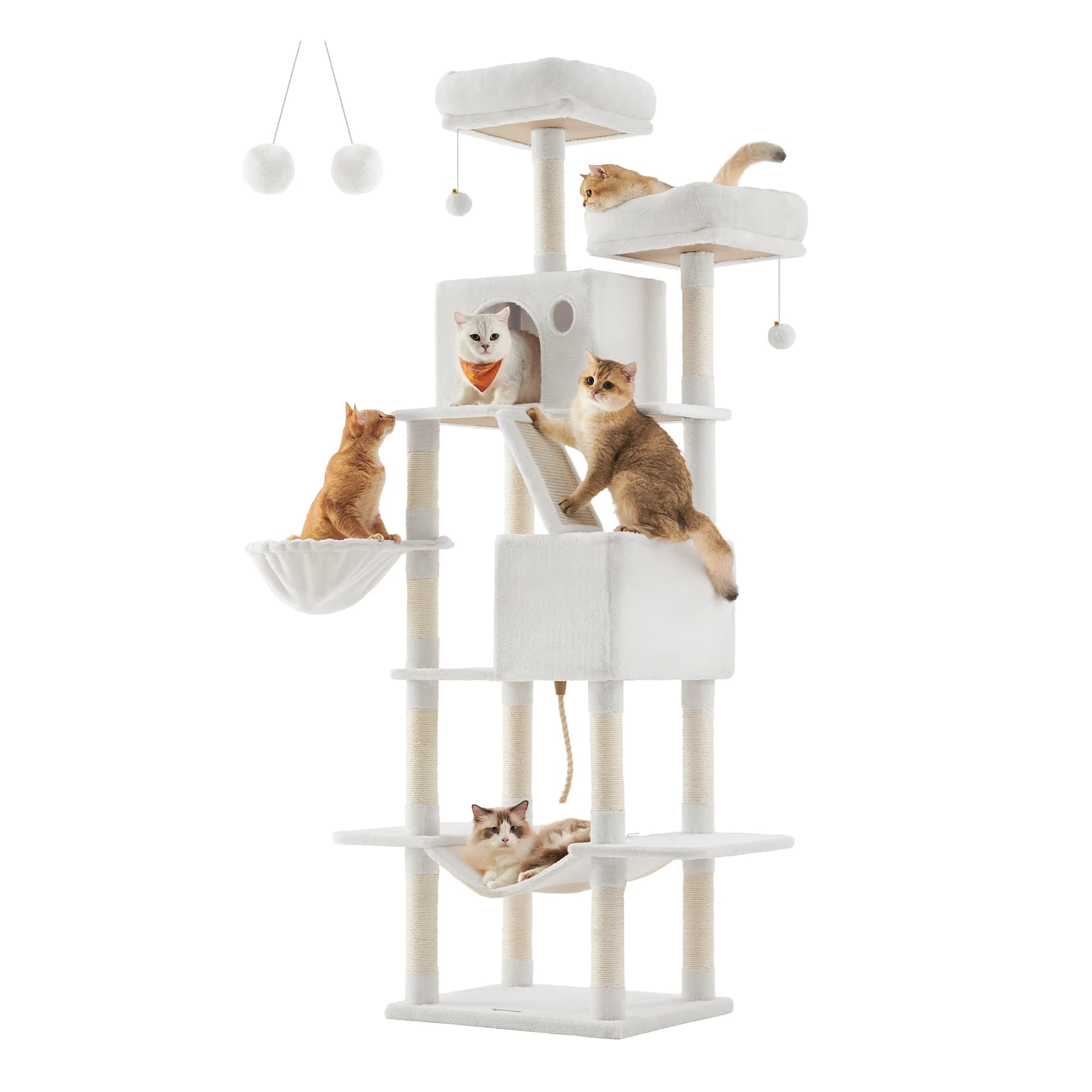 Feandrea scratching post Large, 206 cm High, XXL Cat Tree, with 13 Scratching Pillars, 2 Platforms, 2 Caves Basket hammock Plush balls - image 10