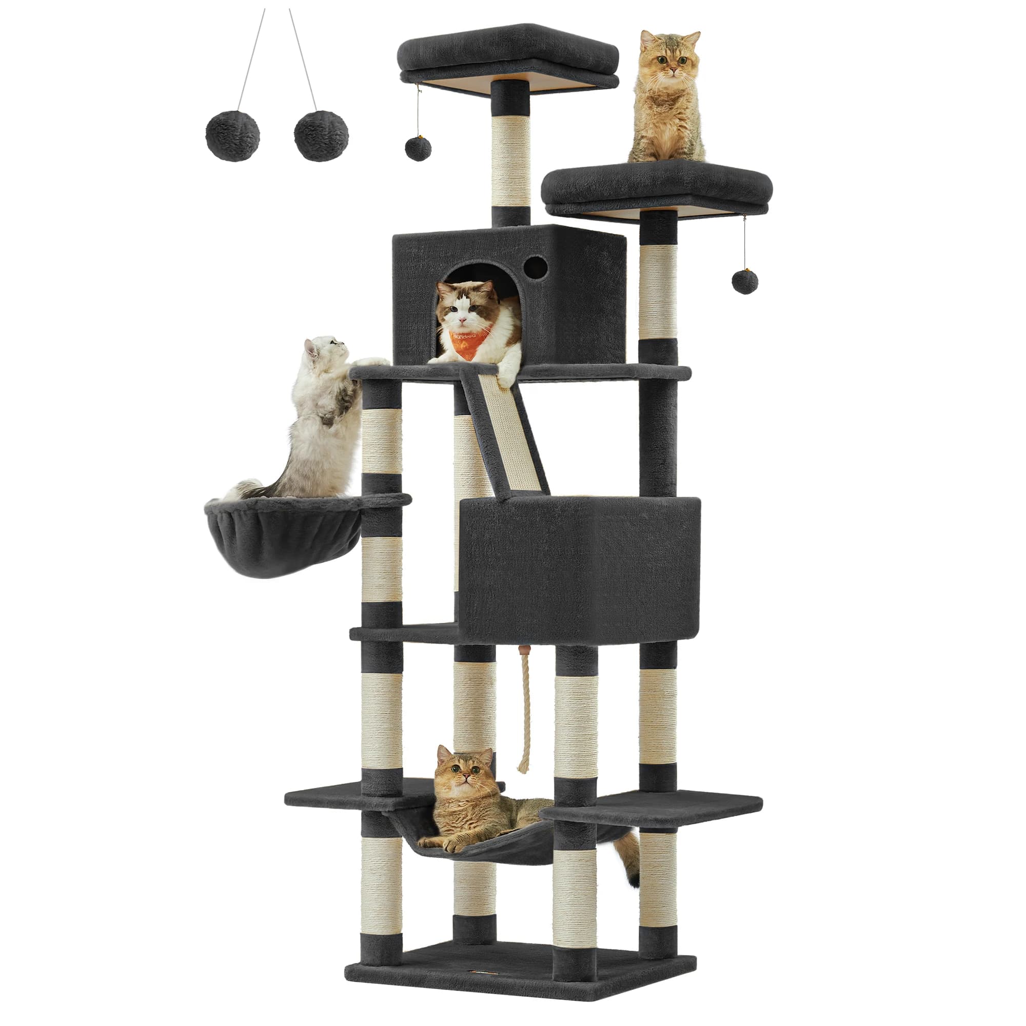 Feandrea scratching post Large, 206 cm High, XXL Cat Tree, with 13 Scratching Pillars, 2 Platforms, 2 Caves Basket hammock Plush balls - image 8