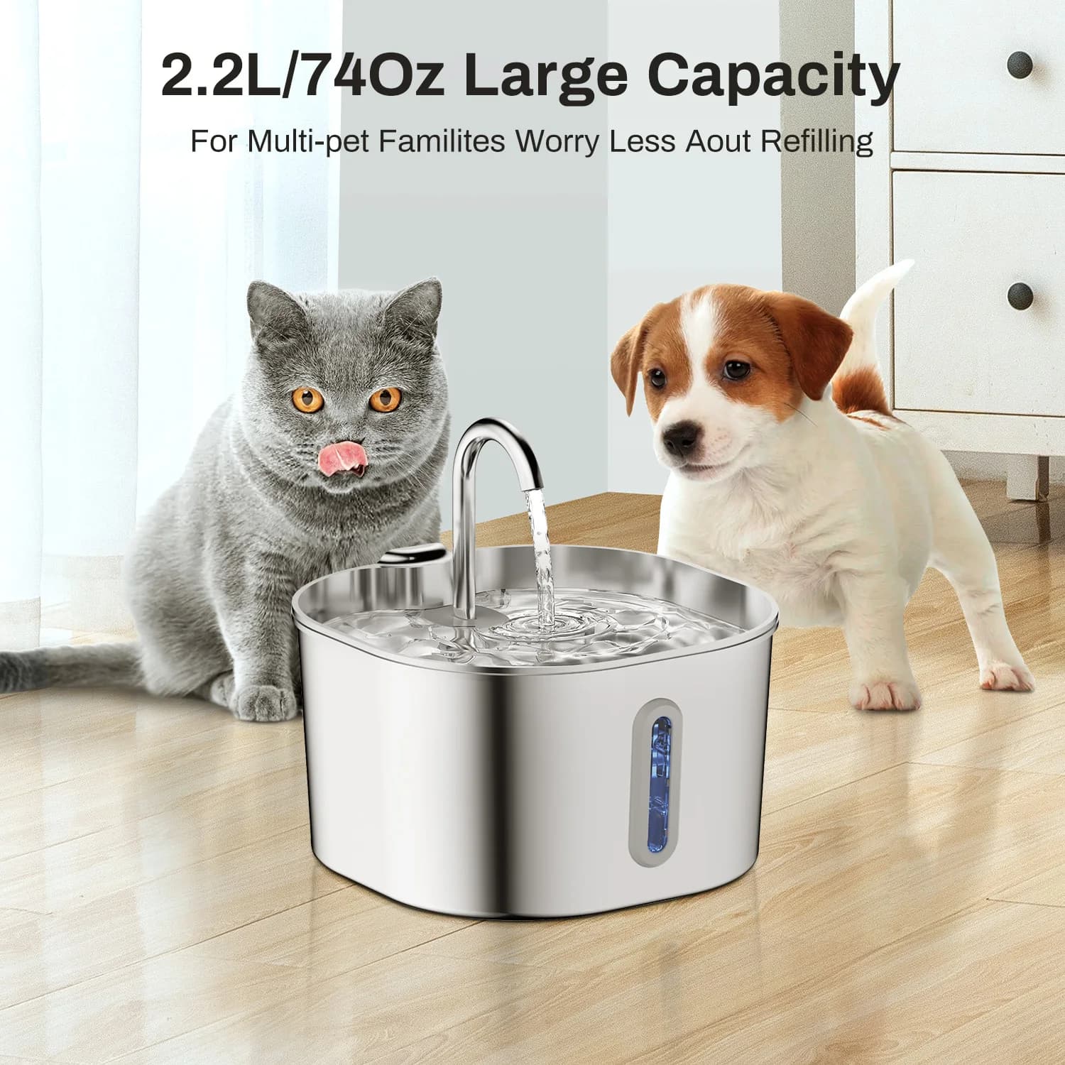 ZYFeeder 2.2L Automatic Cat Water Fountain Square Stainless Steel Pet Water Feeder Dog Water Fountain with window(No 5V 1A Plug) - image 2