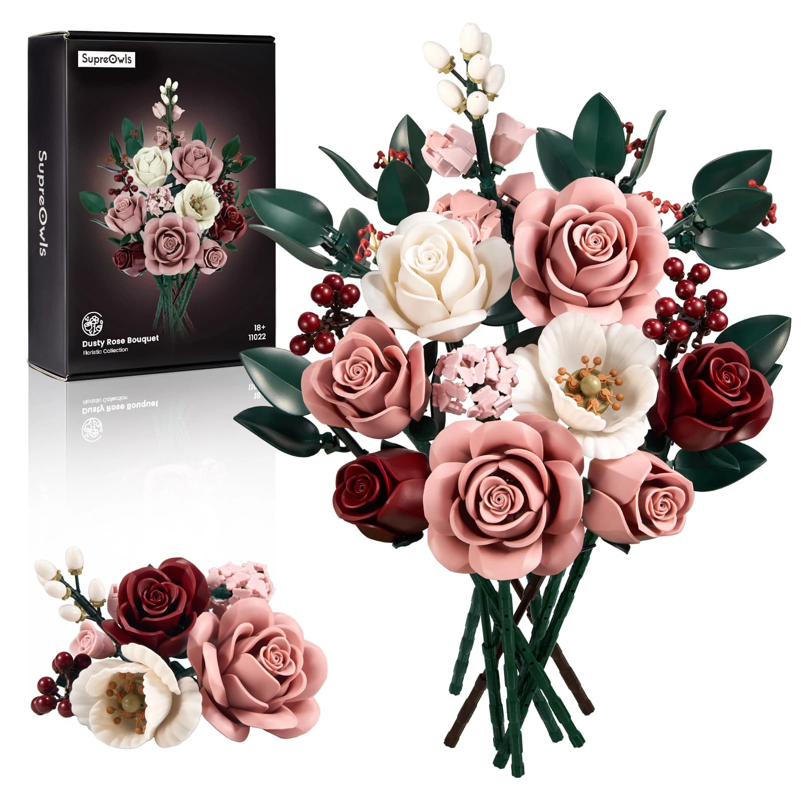 Pink Roses Bouquet Building Set Artificial Flowers Plants Home Office Room Decor Valentines Day Christmas Gifts for Adults Women - image 1