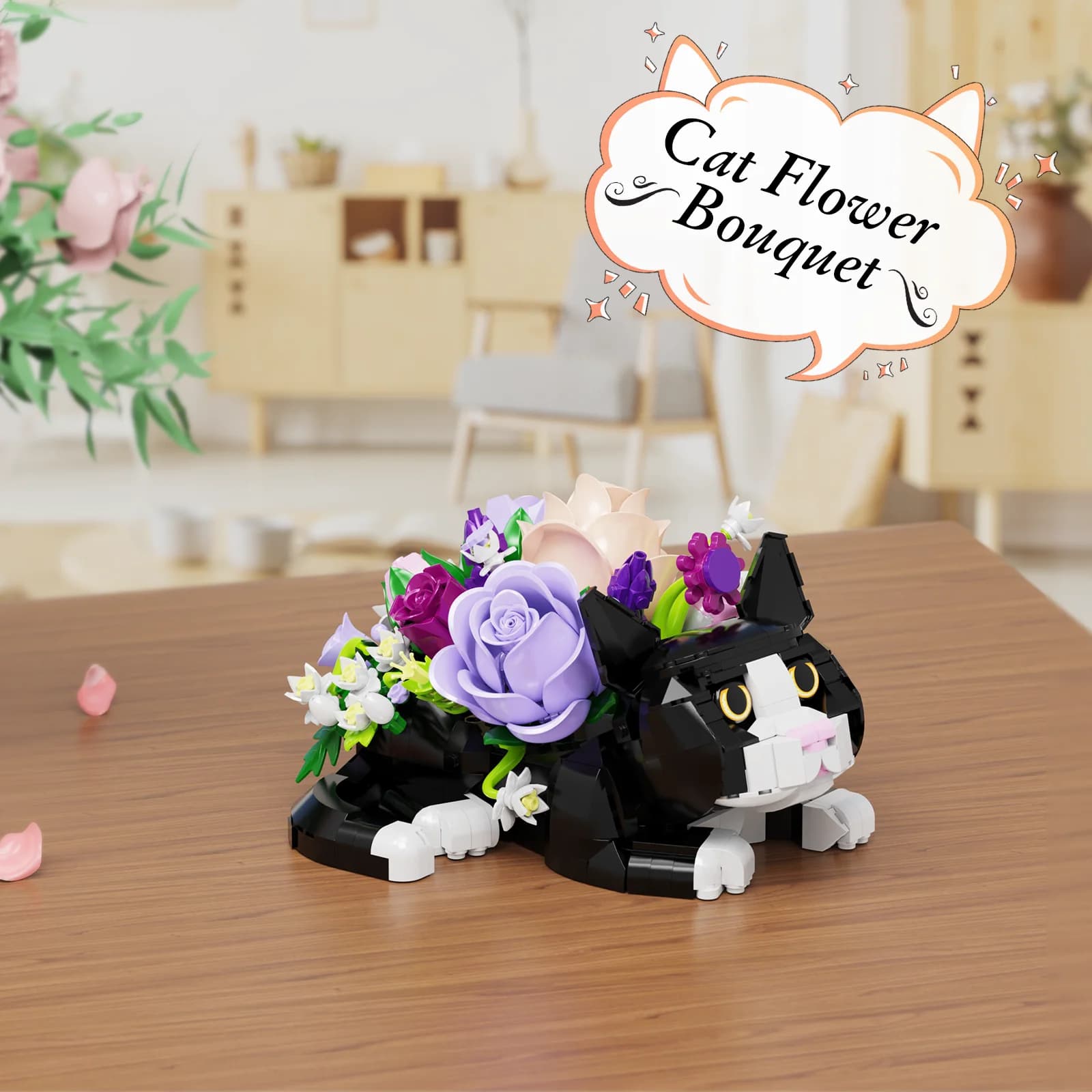 Cat Flower Bouquet Building Blocks Set Animal Model Desktop Decoration Toys Gifts for Boys and Girls(824PCS) - image 1