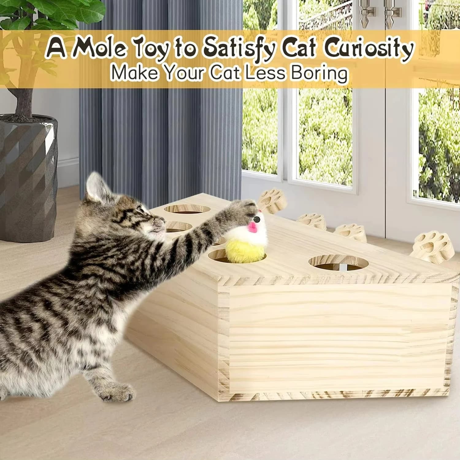 Interactive Solid Wood Cat Enrichment Puzzle Toy for Indoor Cats Fun Whack A Mole Cat Scratching Board Ultimate Self - image 3