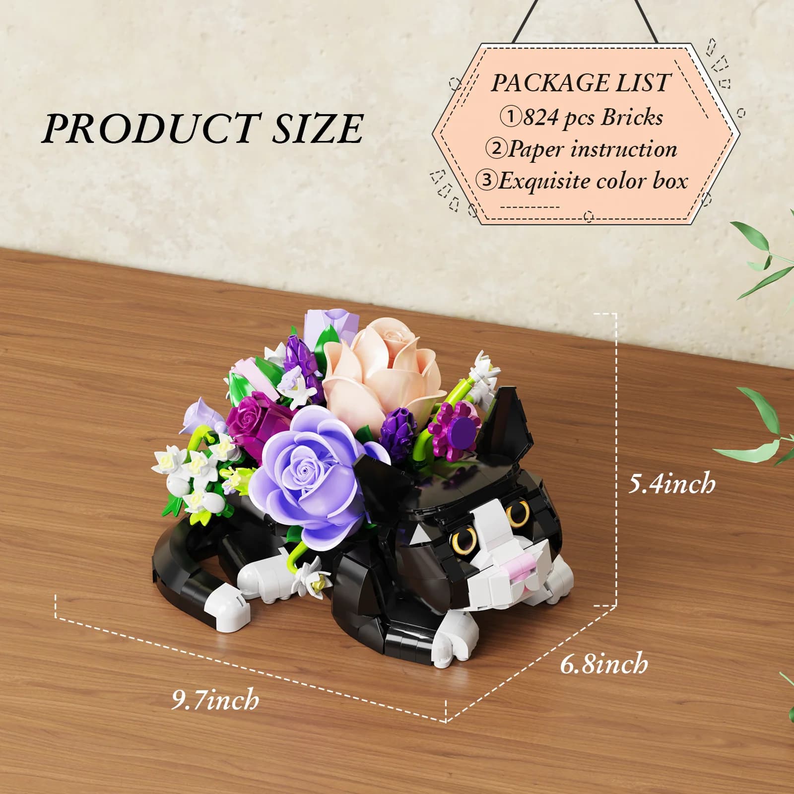 Cat Flower Bouquet Building Blocks Set Animal Model Desktop Decoration Toys Gifts for Boys and Girls(824PCS) - image 3