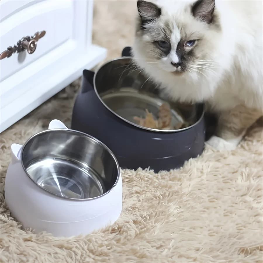 1pc Elevated Stainless Steel Cat Bowl, Inclined Food & Water Dish with Cute Ear Stand, Neck Protection Design for Cats - image 4