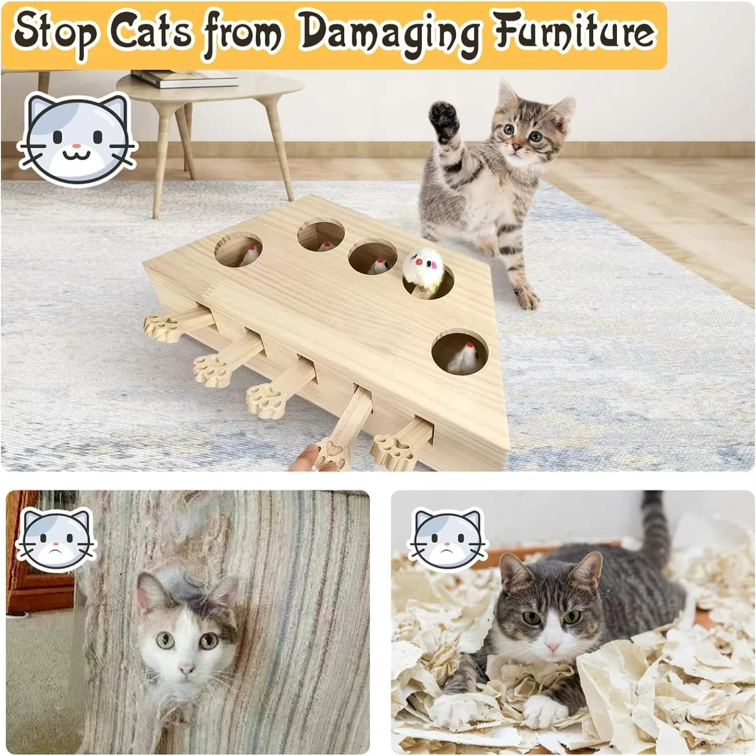 Interactive Solid Wood Cat Enrichment Puzzle Toy for Indoor Cats Fun Whack A Mole Cat Scratching Board Ultimate Self - image 4