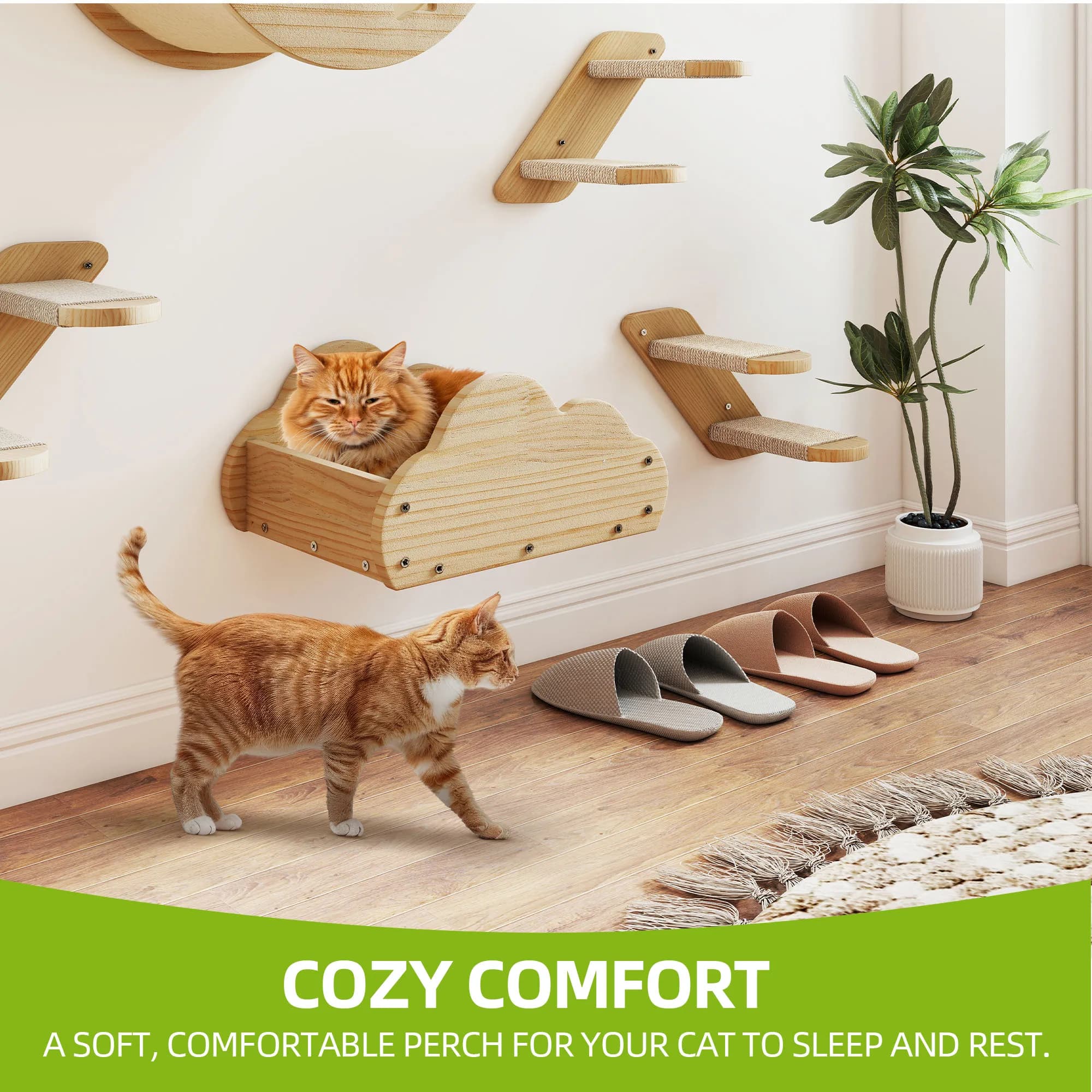 YITAHOME 6-Piece Solid Wood Cat Climbing Wall - 3 Stairs, 2 Beds & Flannel Hammock for Play/Sleep/Lounge - image 4