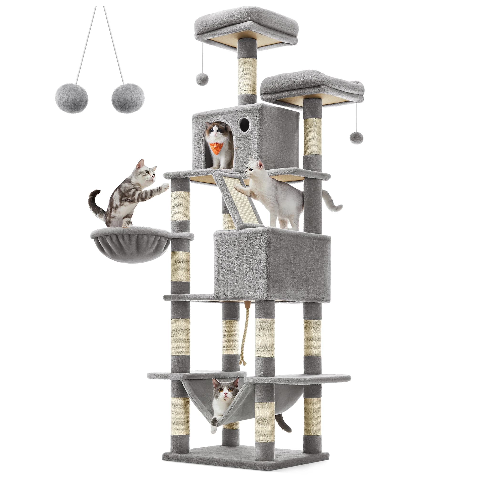 Feandrea scratching post Large, 206 cm High, XXL Cat Tree, with 13 Scratching Pillars, 2 Platforms, 2 Caves Basket hammock Plush balls - image 2