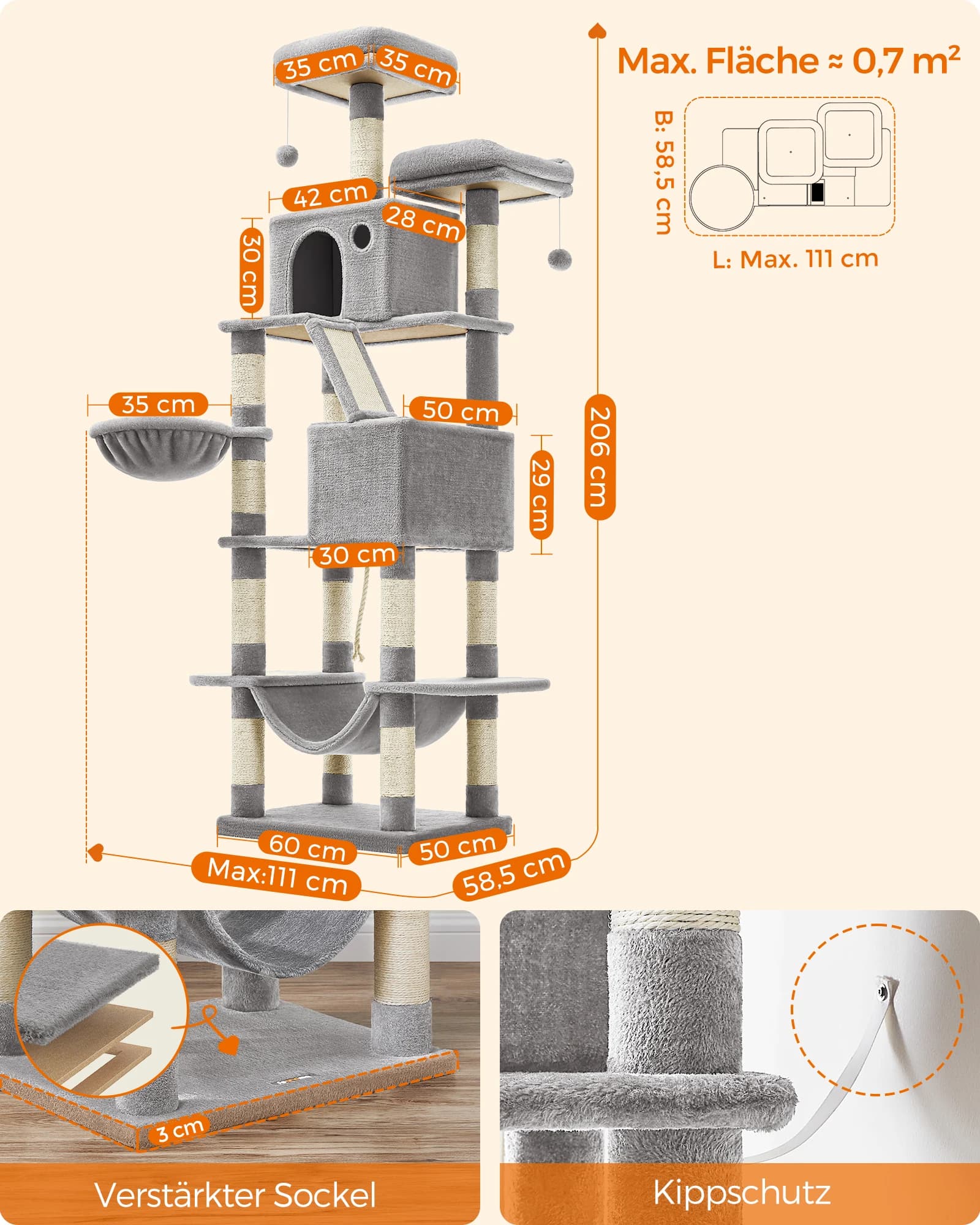 Feandrea scratching post Large, 206 cm High, XXL Cat Tree, with 13 Scratching Pillars, 2 Platforms, 2 Caves Basket hammock Plush balls - image 3
