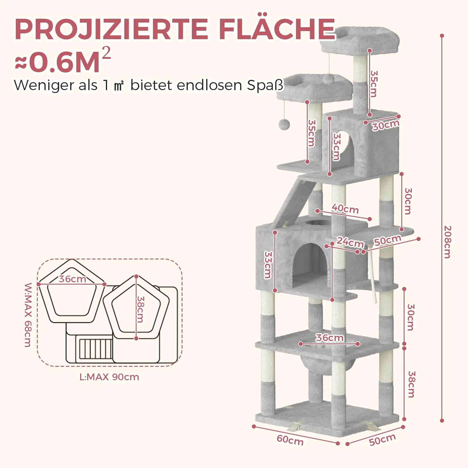 Oak & Tea XXL Cat Tree 208cm scratching post with House hammock & Scratching Board Topping Safe for Large Cats - image 3