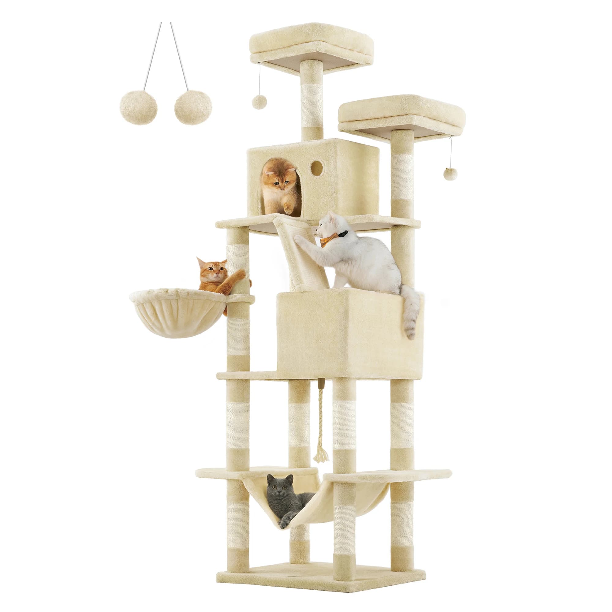 Feandrea scratching post Large, 206 cm High, XXL Cat Tree, with 13 Scratching Pillars, 2 Platforms, 2 Caves Basket hammock Plush balls - image 7