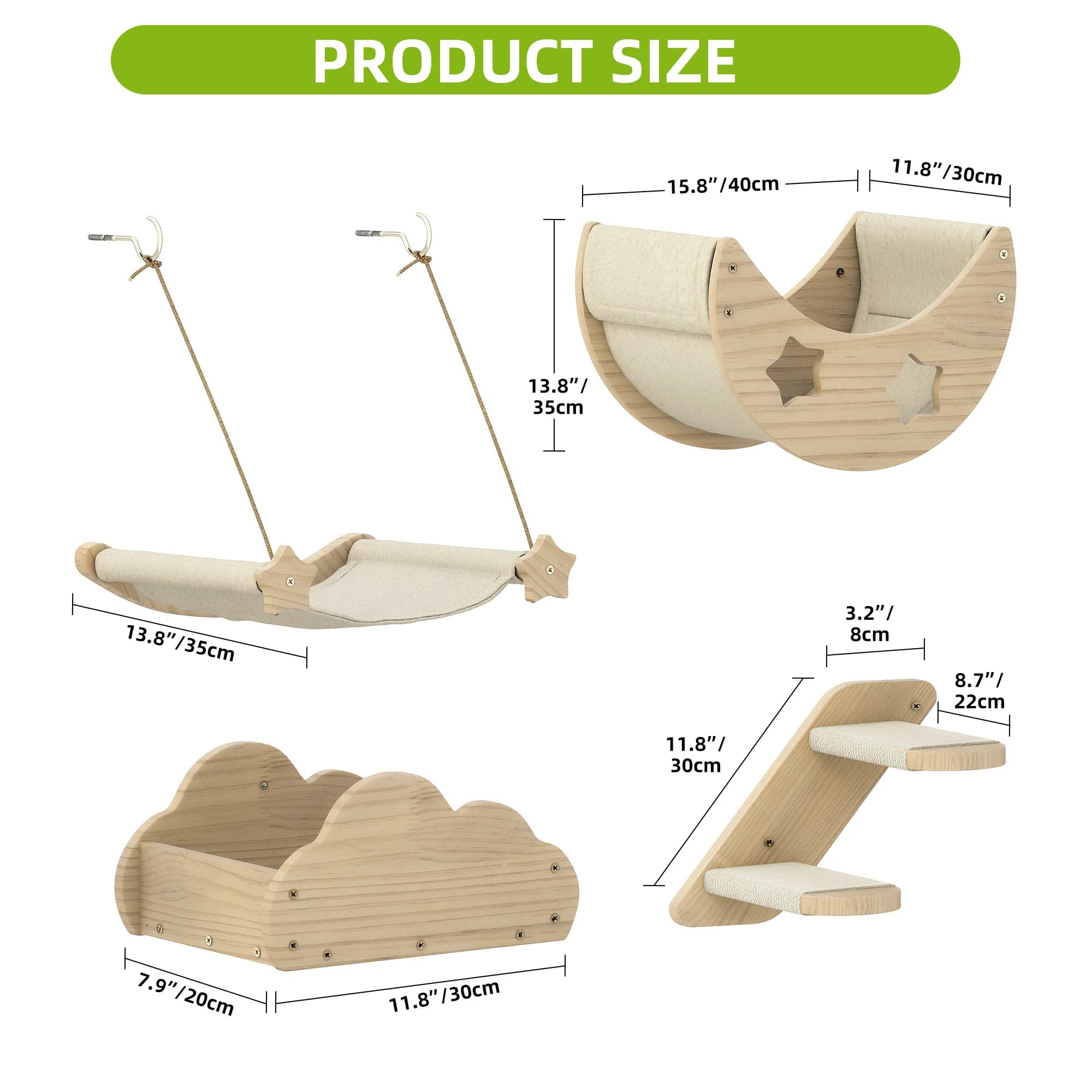 YITAHOME 6-Piece Solid Wood Cat Climbing Wall - 3 Stairs, 2 Beds & Flannel Hammock for Play/Sleep/Lounge - image 6