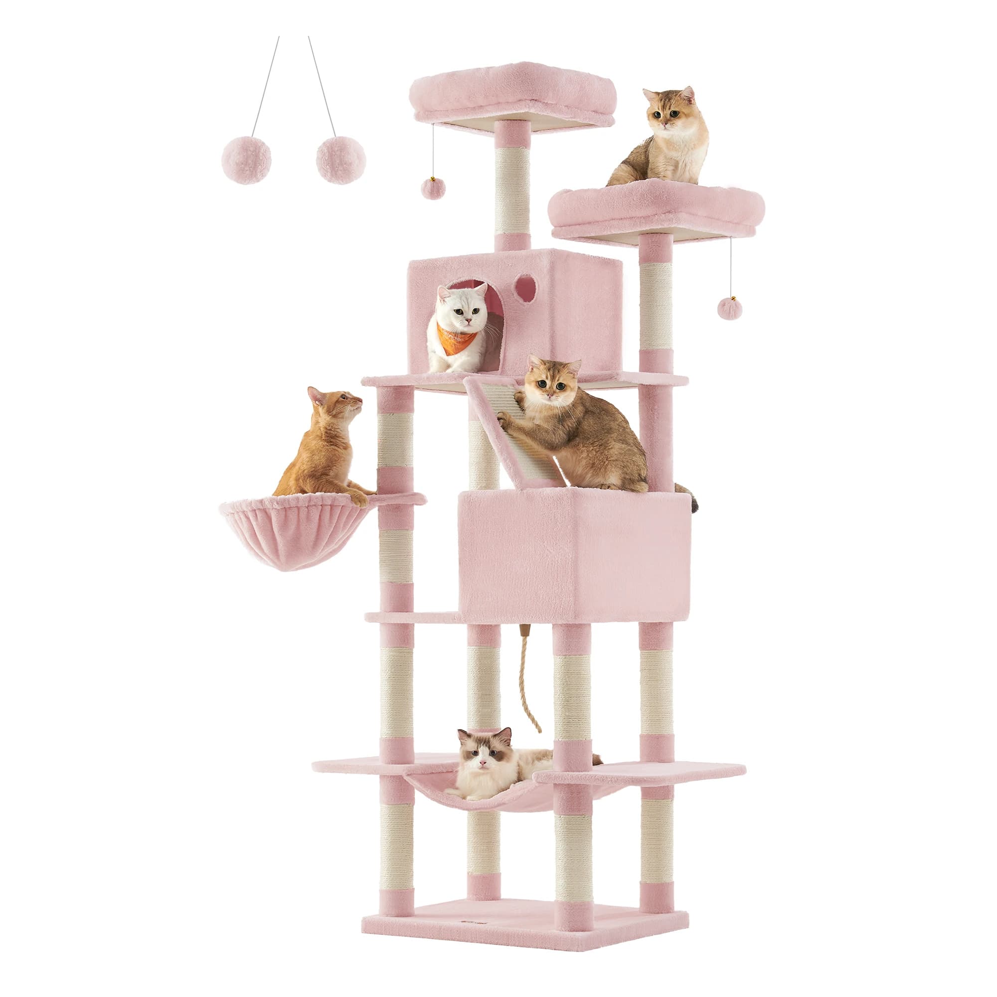 Feandrea scratching post Large, 206 cm High, XXL Cat Tree, with 13 Scratching Pillars, 2 Platforms, 2 Caves Basket hammock Plush balls - image 9