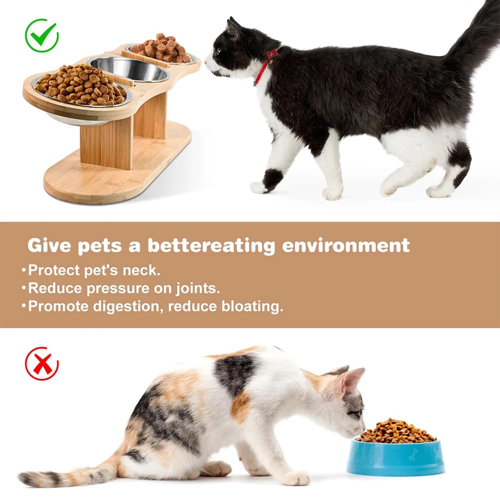 Raised Cat Feeder 3 Bowls in 1 Feeding & Watering Supplies 15° Raised Puppy 3 Stainless Steel Bowls Wood Stand Cats Accessories - image 4