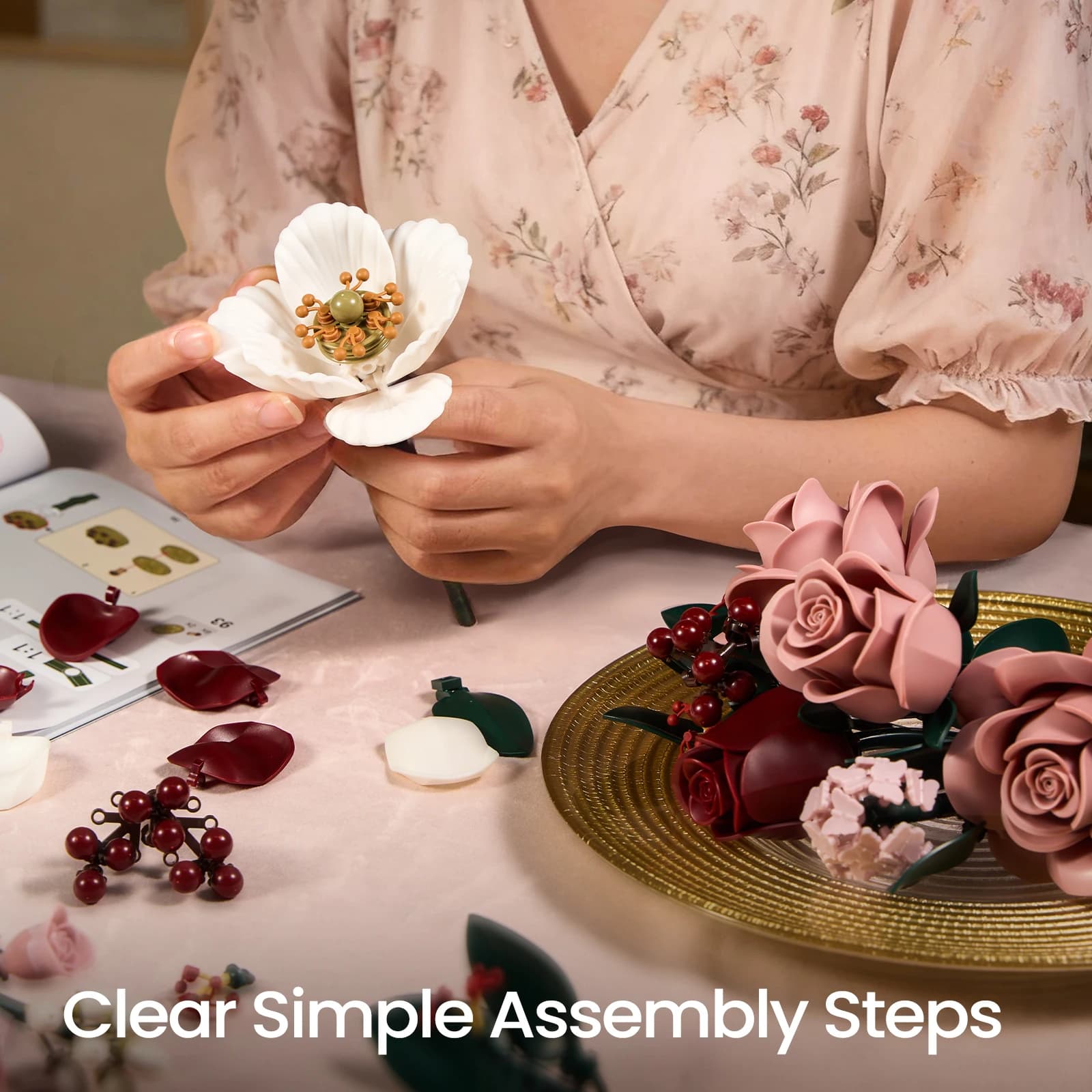 Pink Roses Bouquet Building Set Artificial Flowers Plants Home Office Room Decor Valentines Day Christmas Gifts for Adults Women - image 3