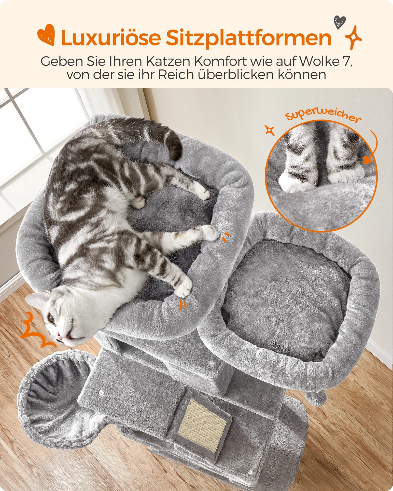 Feandrea scratching post Large, 206 cm High, XXL Cat Tree, with 13 Scratching Pillars, 2 Platforms, 2 Caves Basket hammock Plush balls - image 5